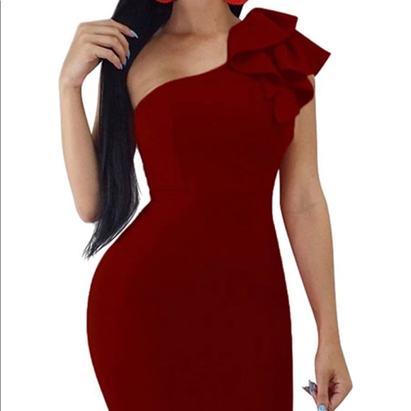 Sexy Ruffle One Shoulder Sleeveless Bodycon Party Club Midi Dress - Picture 4 of 4